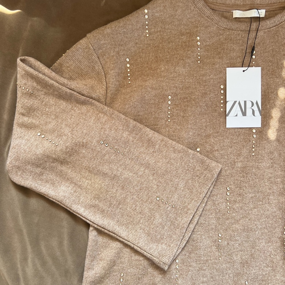 Zara Embellished Taupe Cropped Sweater - Picture 2 of 5
